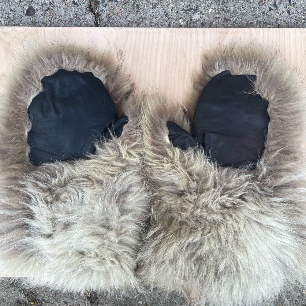 Canadian coyote mittens with leather palms - wool lined